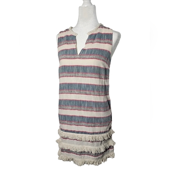 Holding Horses Anthropologies Cream & blue & red stripes w/ fringe v-neck size 6 - Picture 1 of 13